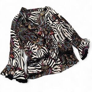 Y2K Glam Cavalli Style Patchwork Frilly Layered Mixed Print Top B32